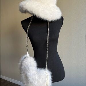 White faux-fur set:fluffy hood-style hat and a classic hand muff